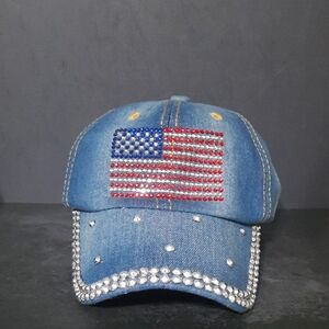 NWOT Denim Rhinestone American Flag Baseball Cap - Blue